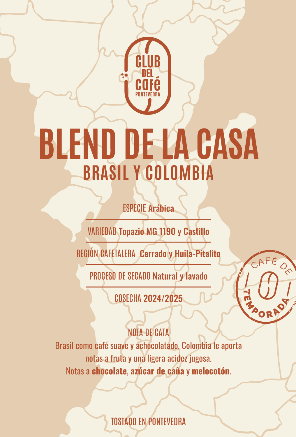 Etiqueta del café Blend de la Casa de Club del Café: diseño minimalista que refleja su origen colombiano y brasileño y perfil balanceado.