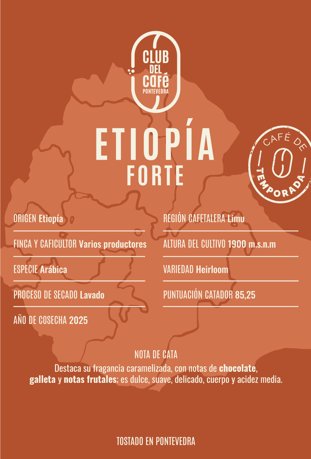 Etiqueta del café Etiopía Forte de Club del Café: diseño minimalista que refleja su origen etíope y perfil dulce.