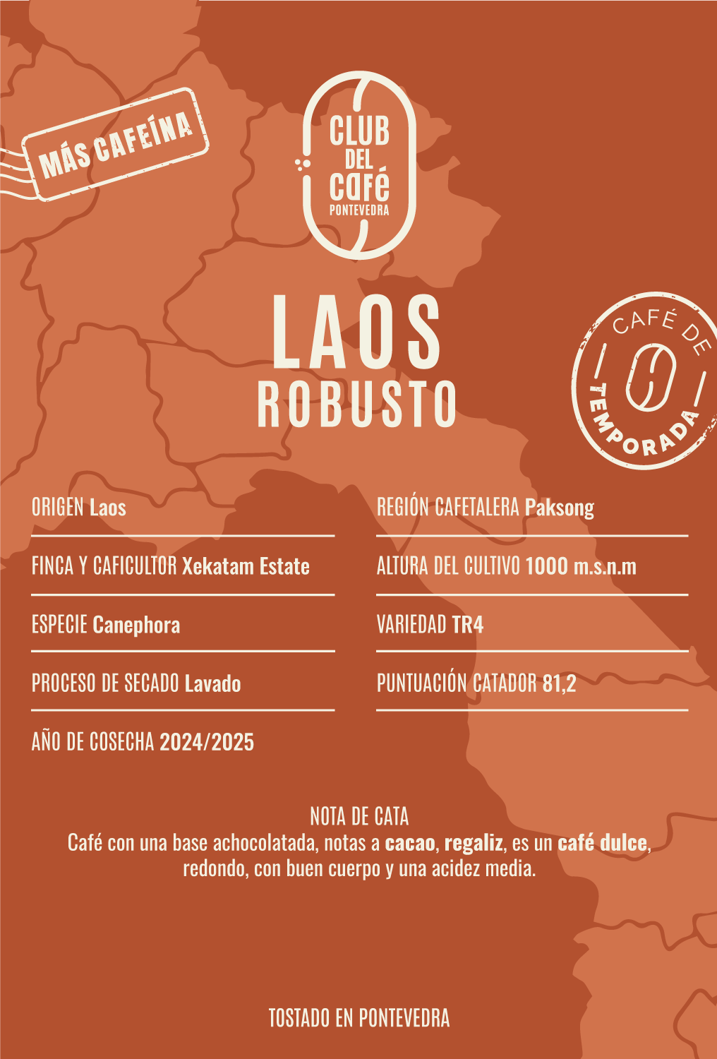 Etiqueta del café Laos Robusto de Club del Café: diseño minimalista que refleja su origen laosiano y perfil redondo.