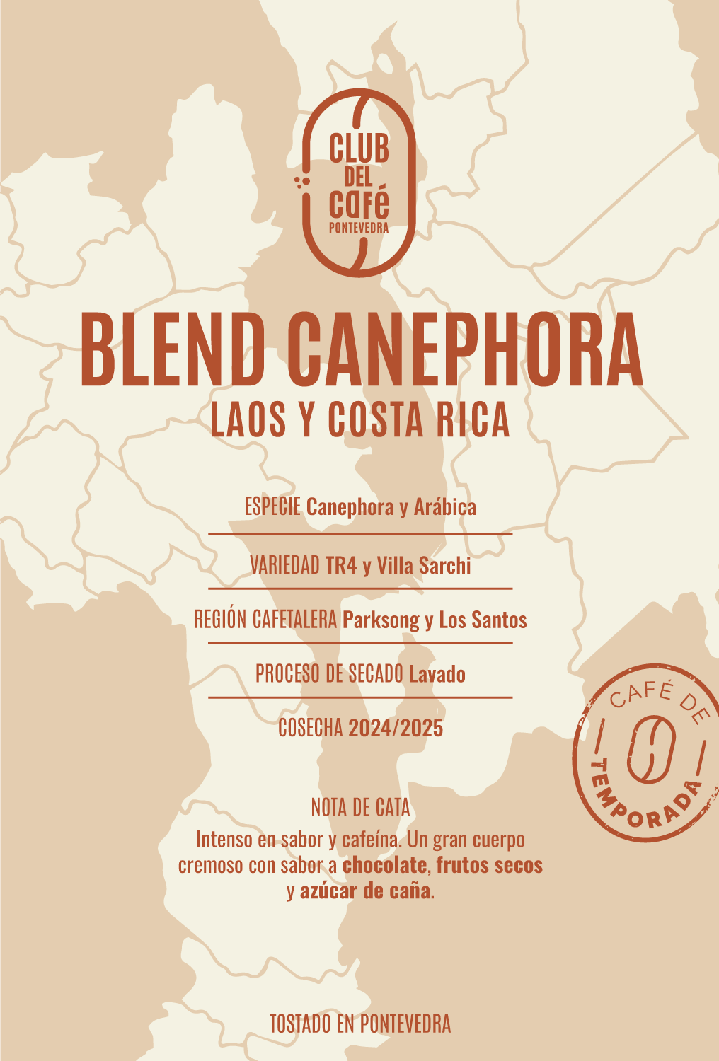 Etiqueta del café Blend Canephora de Club del Café: diseño minimalista que refleja su origen costarricense y de laos y perfil intenso.