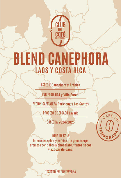 Etiqueta del café Blend Canephora de Club del Café: diseño minimalista que refleja su origen costarricense y de laos y perfil intenso.