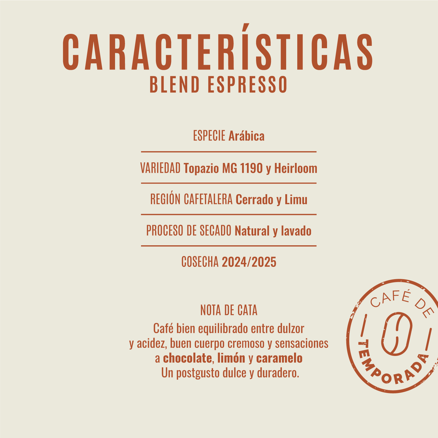 Ficha de características del café Blend Espresso de Club del Café: variedad arábica, proceso natural y lavado, notas dulces chocolate, limón y caramelo. Café de especialidad tostado en Galicia.