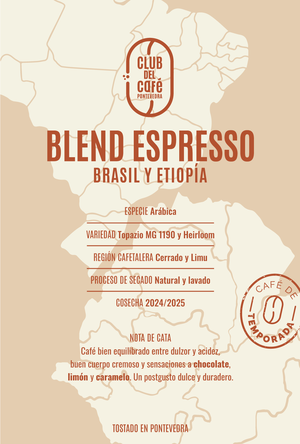 Etiqueta del café Blend Espresso de Club del Café: diseño minimalista que refleja su origen brasileño y etíope y perfil equilibrado.