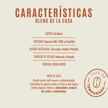 Ficha de características del café Blend de la Casa de Club del Café: variedad arábica, proceso natural y lavado, notas a chocolate, azúcar de caña, y melocotón. Café de especialidad tostado en Galicia.