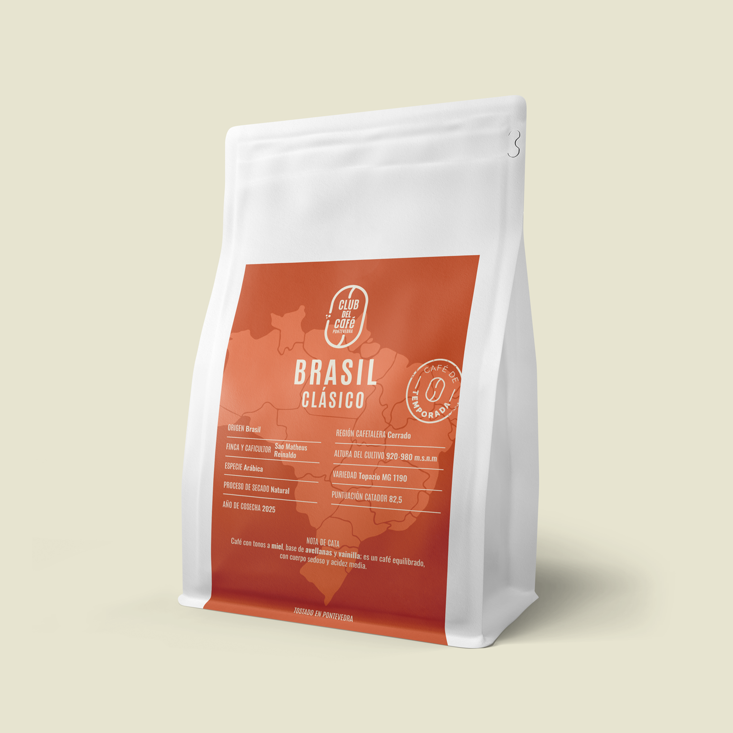 Café de especialidad Brasil Clásico – origen Cerrado, notas de miel, avellanas y vainilla. Tostado artesanal en Pontevedra por Club del Café.