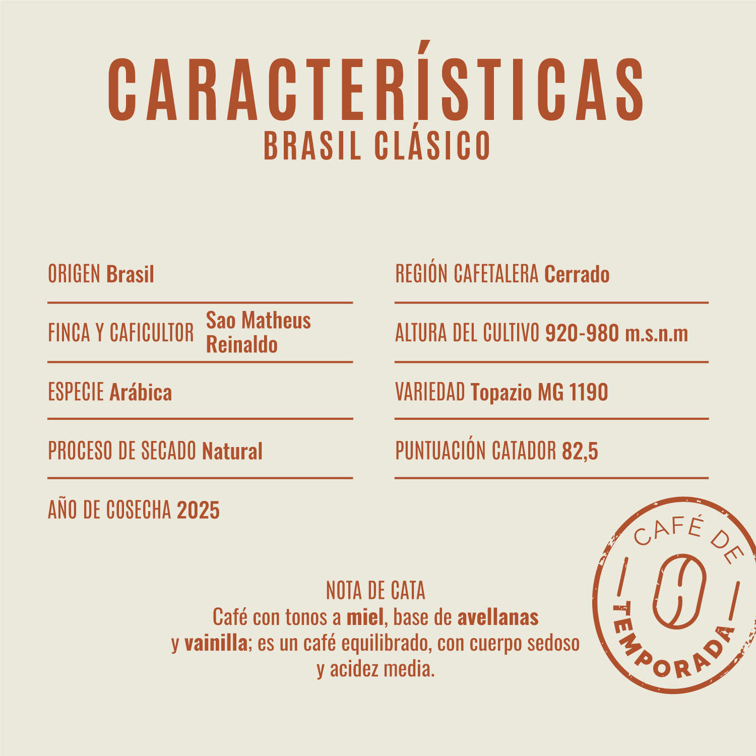 Ficha de características del café Brasil Clásico de Club del Café: variedad arábica, proceso natural, notas miel, avellanas y vainilla. Café de especialidad tostado en Galicia.