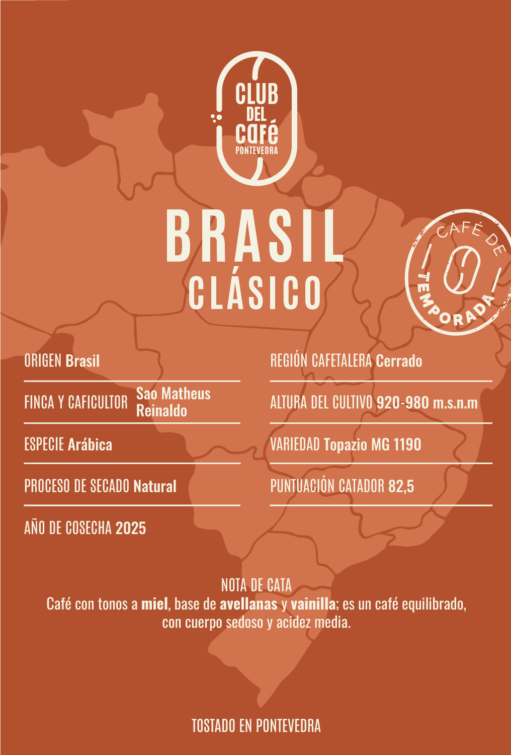 Etiqueta del café Colombia Lambón de Club del Café: diseño minimalista que refleja su origen brasileño y perfil equilibrado.