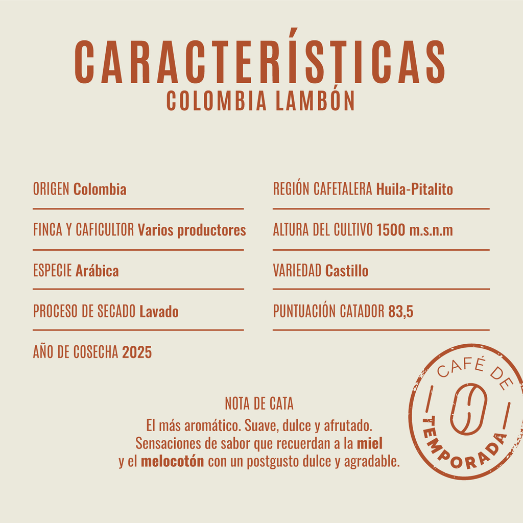 Ficha de características del café Colombia Lambón de Club del Café: variedad arábica, proceso lavado, notas dulces de miel y melocotón. Café de especialidad tostado en Galicia.