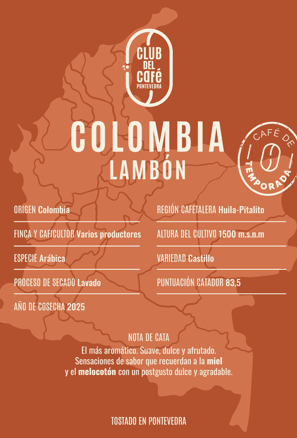Etiqueta del café Colombia Lambón de Club del Café: diseño minimalista que refleja su origen colombiano y perfil aromático.