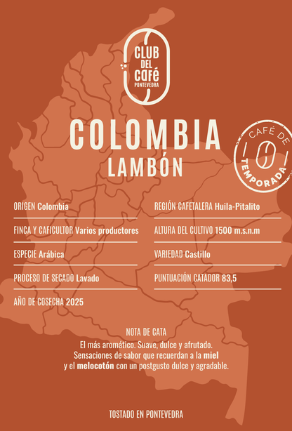 Etiqueta del café Colombia Lambón de Club del Café: diseño minimalista que refleja su origen colombiano y perfil aromático.