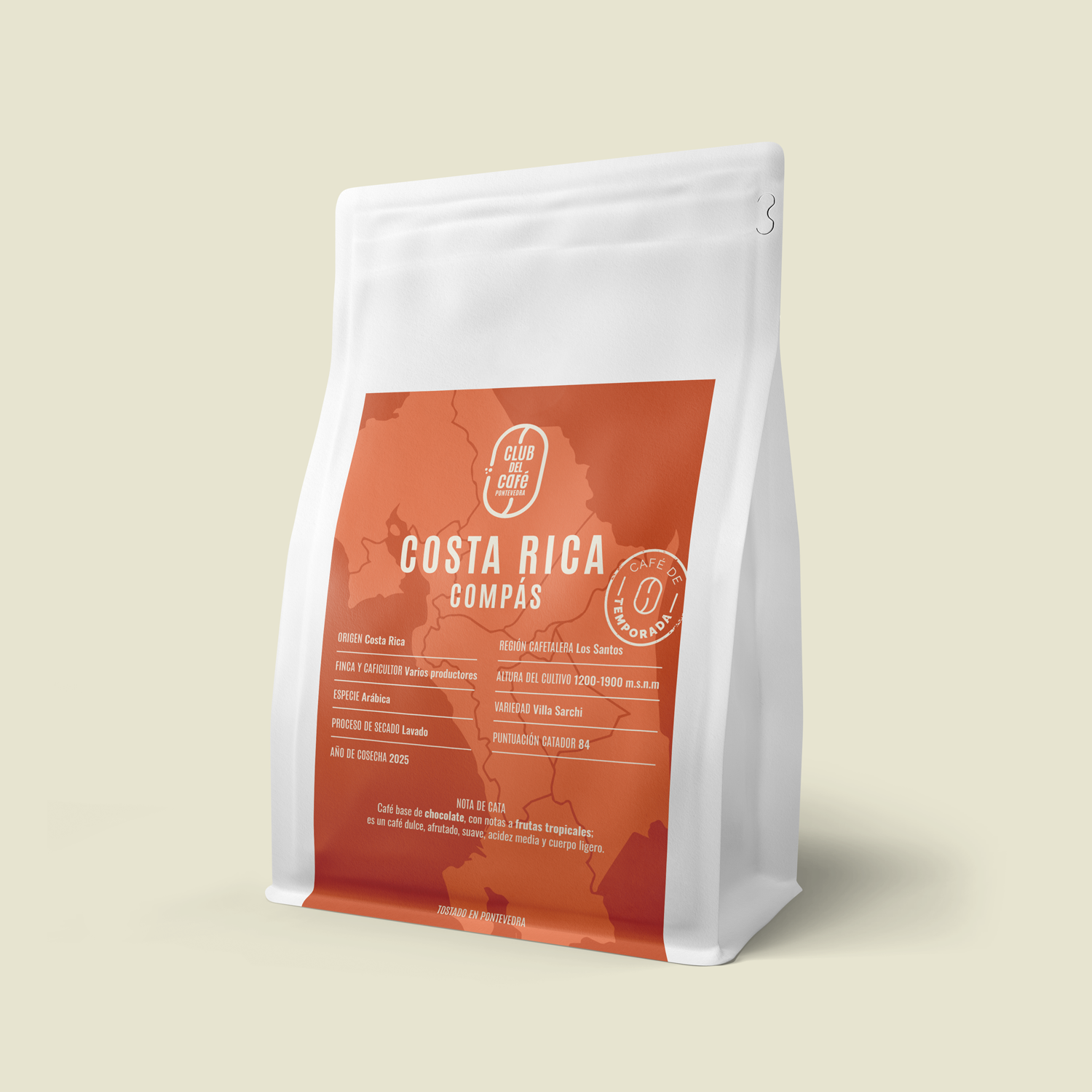 Café de especialidad Costa Rica Compás – origen Los Santos, notas de chocolate y frutas tropicales. Tostado artesanal en Pontevedra por Club del Café.