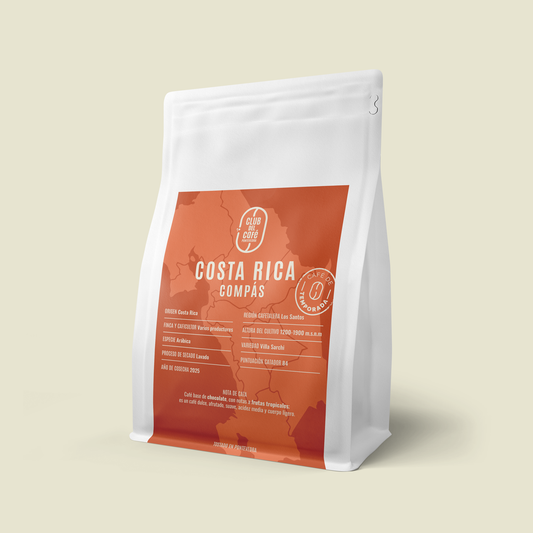 Café de especialidad Costa Rica Compás – origen Los Santos, notas de chocolate y frutas tropicales. Tostado artesanal en Pontevedra por Club del Café.