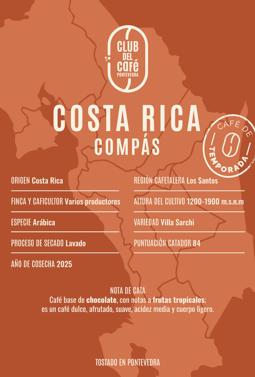 Etiqueta del café Costa Rica Compás de Club del Café: diseño minimalista que refleja su origen costarricense y perfil afrutado.