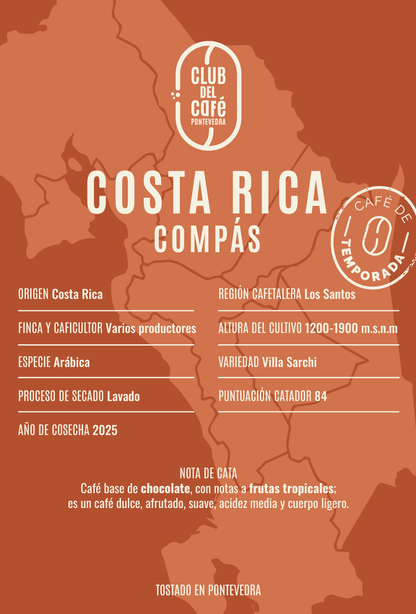 Etiqueta del café Costa Rica Compás de Club del Café: diseño minimalista que refleja su origen costarricense y perfil afrutado.