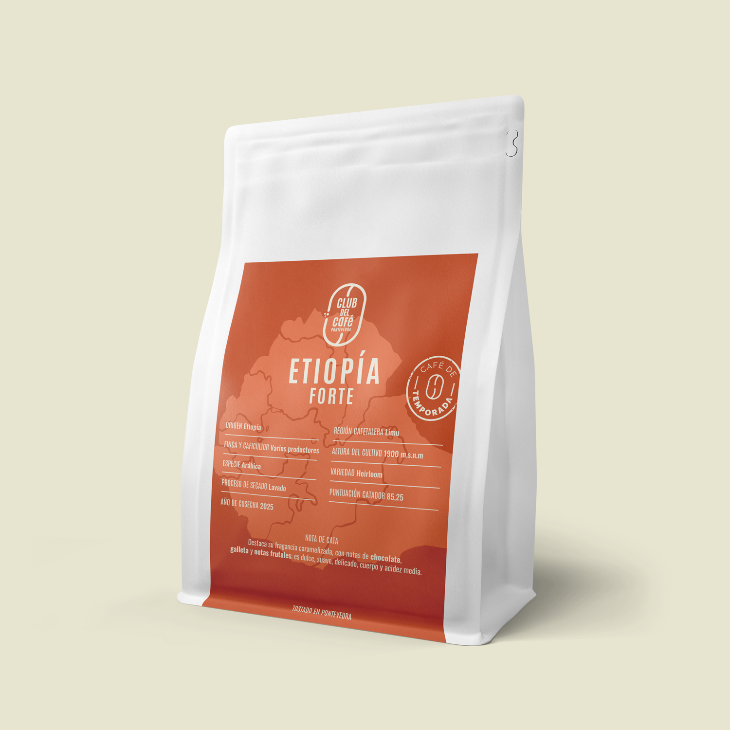 Café de especialidad Etiopía Forte – origen Limu, notas frutales, chocolate y galleta. Tostado artesanal en Pontevedra por Club del Café.