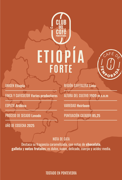 Etiqueta del café Etiopía Forte de Club del Café: diseño minimalista que refleja su origen etíope y perfil dulce.