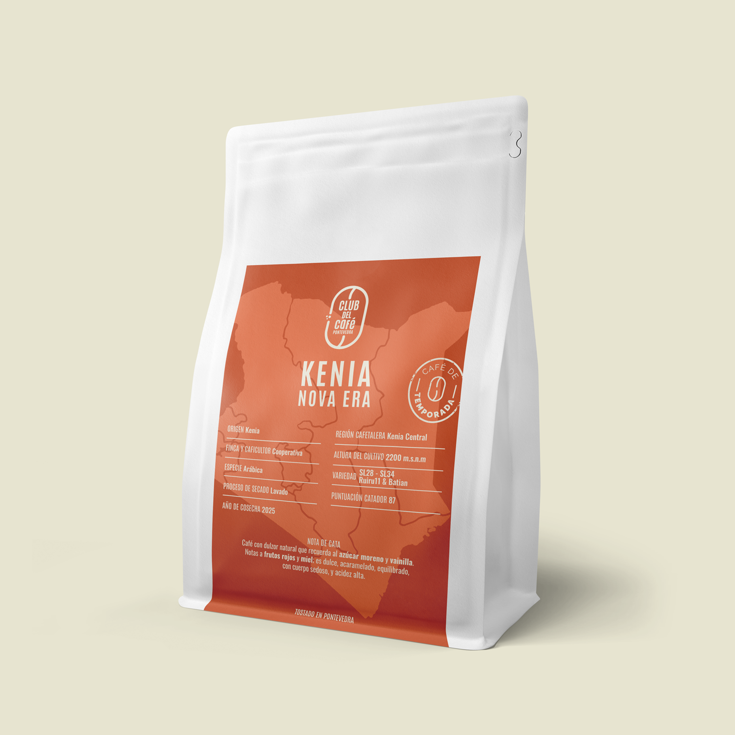 Café de especialidad Kenia Nova Era – origen Central, notas de miel y frutos rojos. Tostado artesanal en Pontevedra por Club del Café.