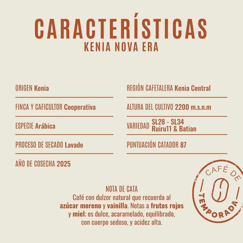 Ficha de características del café Kenia Nova Era de Club del Café: variedad arábica, proceso lavado, notas a frutos rojos y miel. Café de especialidad tostado en Galicia.