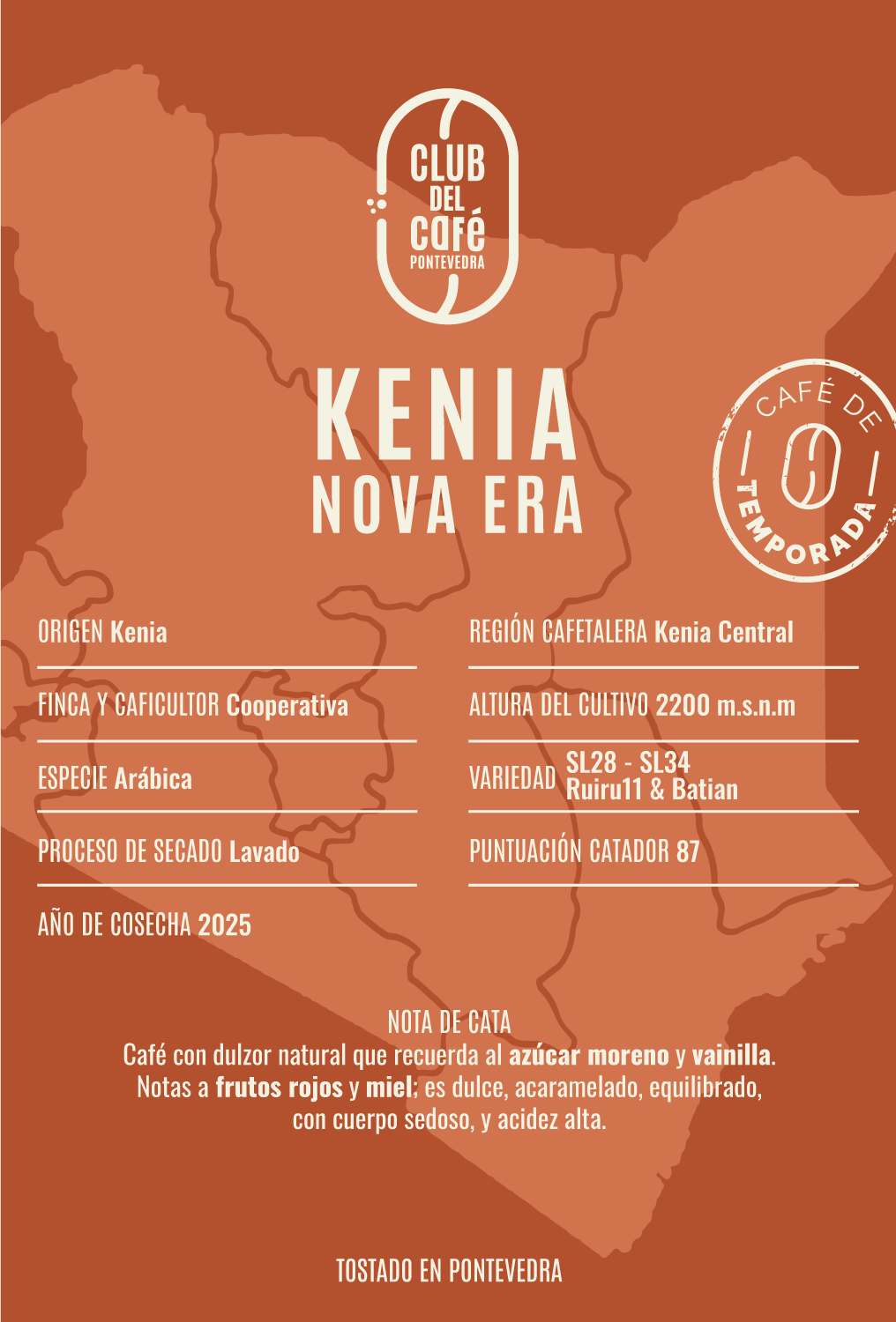Etiqueta del café Kenia Nova Era de Club del Café: diseño minimalista que refleja su origen keniata y perfil acaramelado.