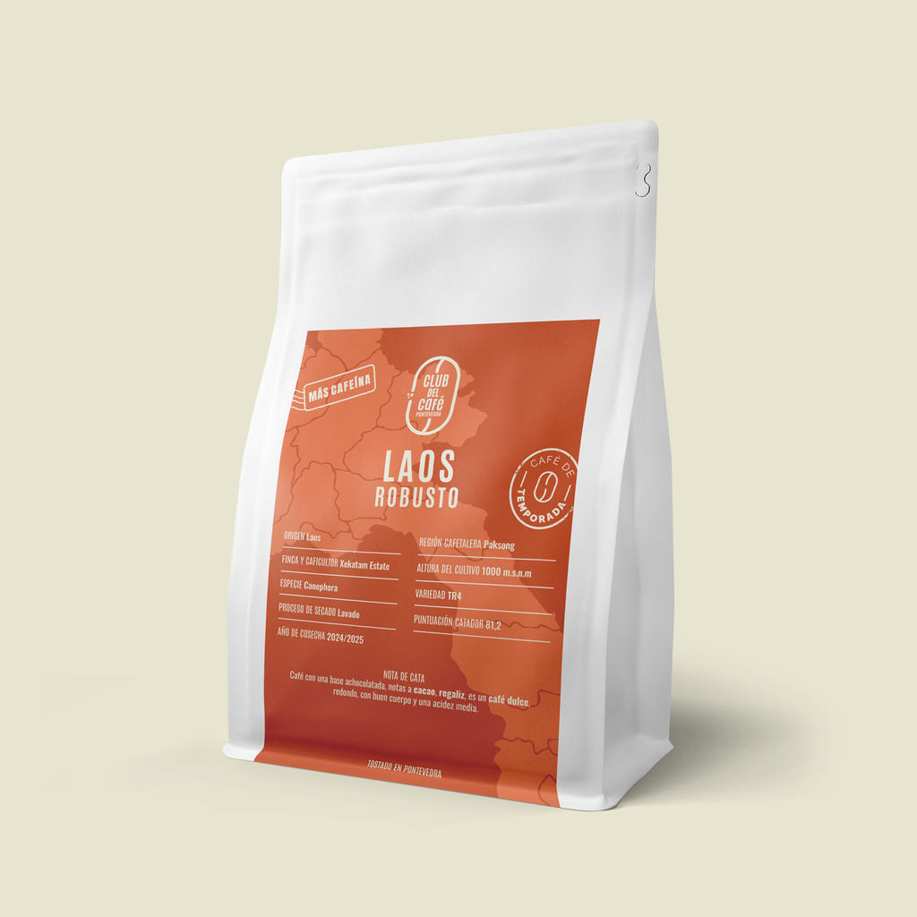 Café de especialidad Laos Robusto – origen Paksong, notas de cacao y regaliz. Tostado artesanal en Pontevedra por Club del Café.