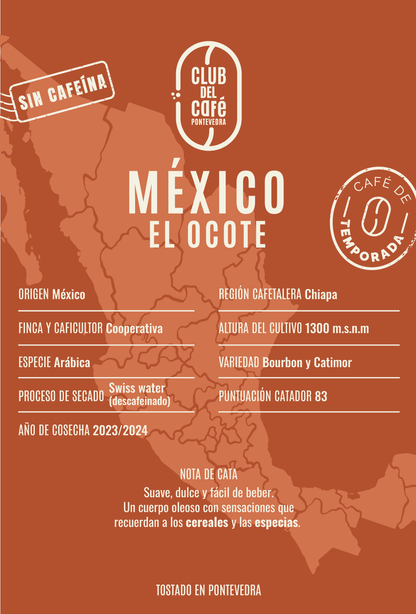 Etiqueta del café México El Ocote de Club del Café: diseño minimalista que refleja su origen mexicano y perfil suave.